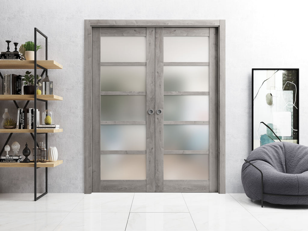 Sliding French Double Pocket Doors 36 x 84 inches Solid Wood with Frosted Glass D1113