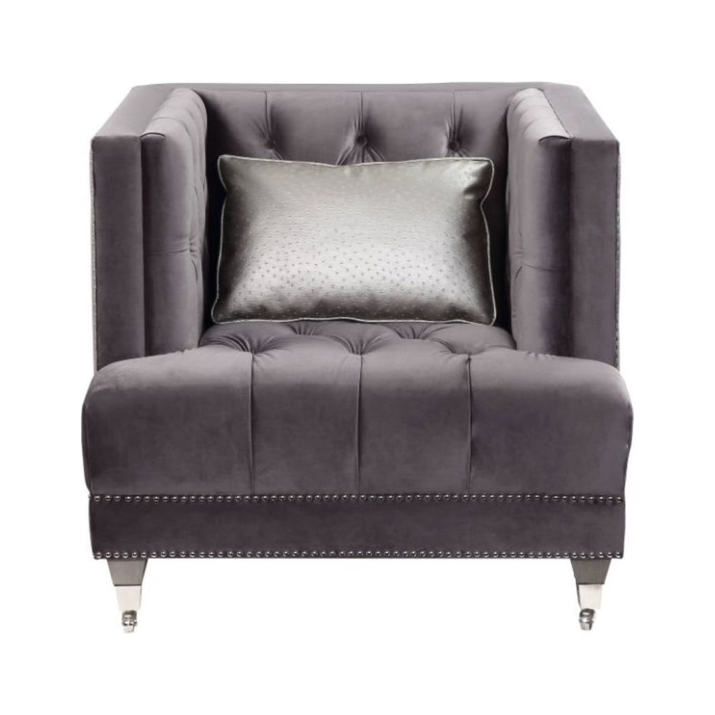 Gray Velvet Chair with Pillow C95128