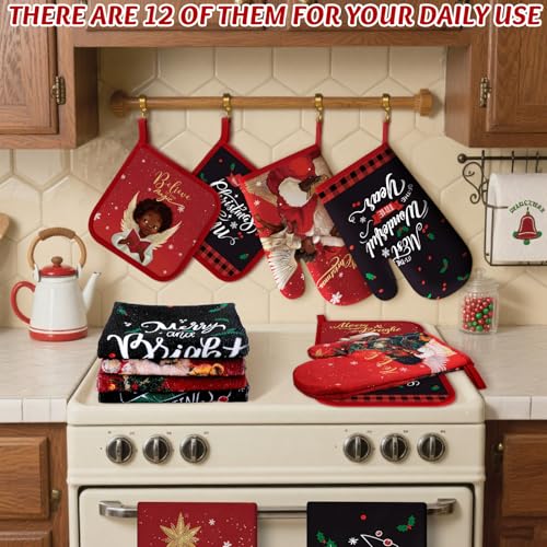 12 Pcs Christmas Kitchen Towels Pot Holders and Oven Mitts Set T11266