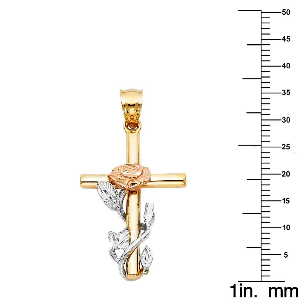 14K Tri-Tone Gold Floral Cross Pendant with 18" Chain Necklace S815