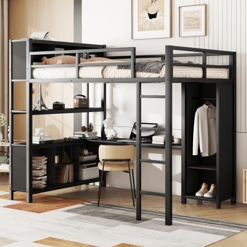 Black Full Size Metal Loft Bed with Wardrobe and L-Shaped Desk R992432