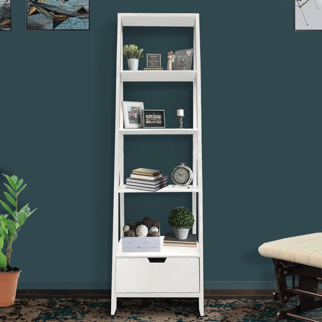 4 Shelf Wooden Ladder Bookcase with Drawer P389