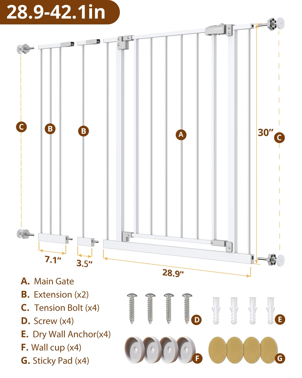 White 30" Tall Pressure Mounted Baby Safety Gate I82463
