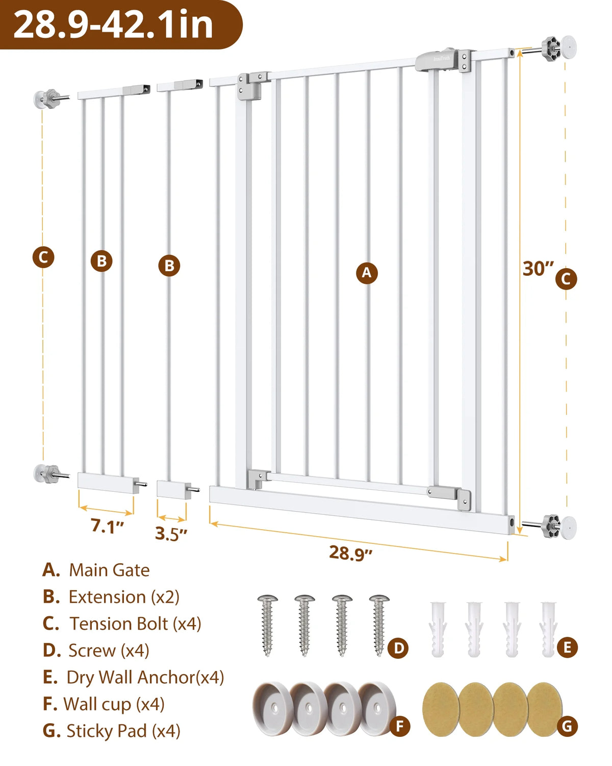 White 30" Tall Pressure Mounted Baby Safety Gate I82463