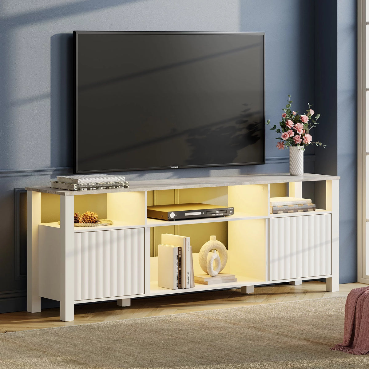 White Wood TV Stand with 6 Storage K6515