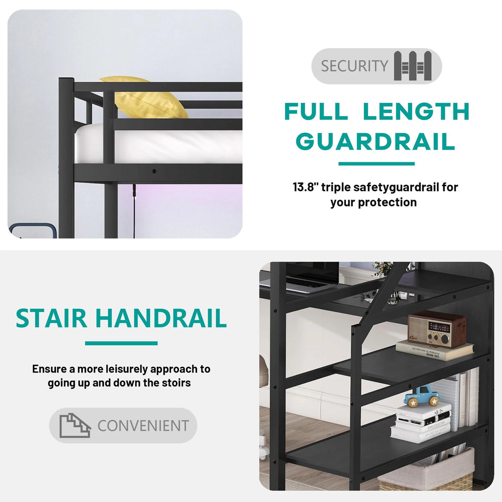 Black Full Size Metal Loft Bed with Desk and Stairs F758875