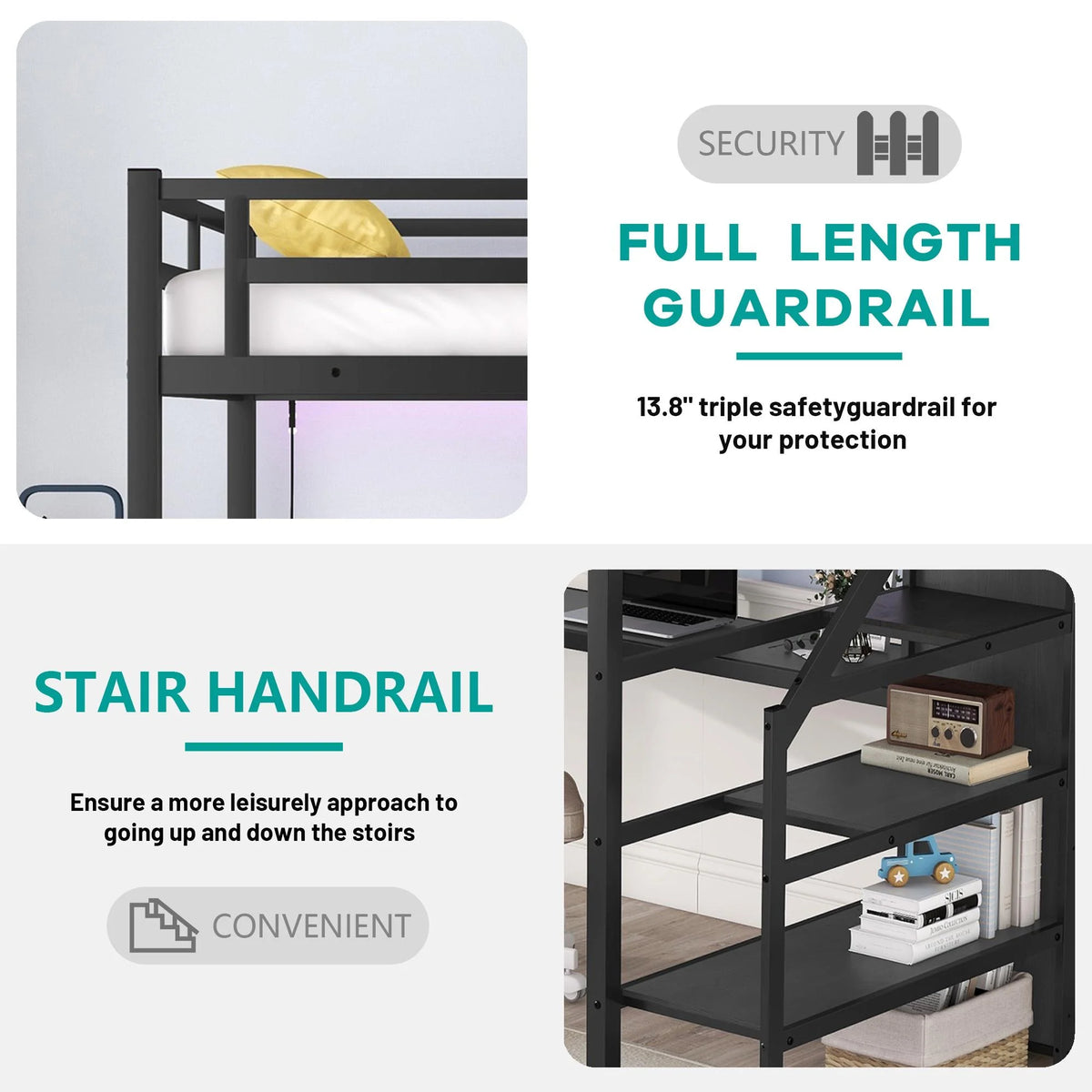 Black Full Size Metal Loft Bed with Desk and Stairs F758875