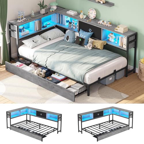 Black & Gray Twin Size Corner Bed Frame with Storage G786755