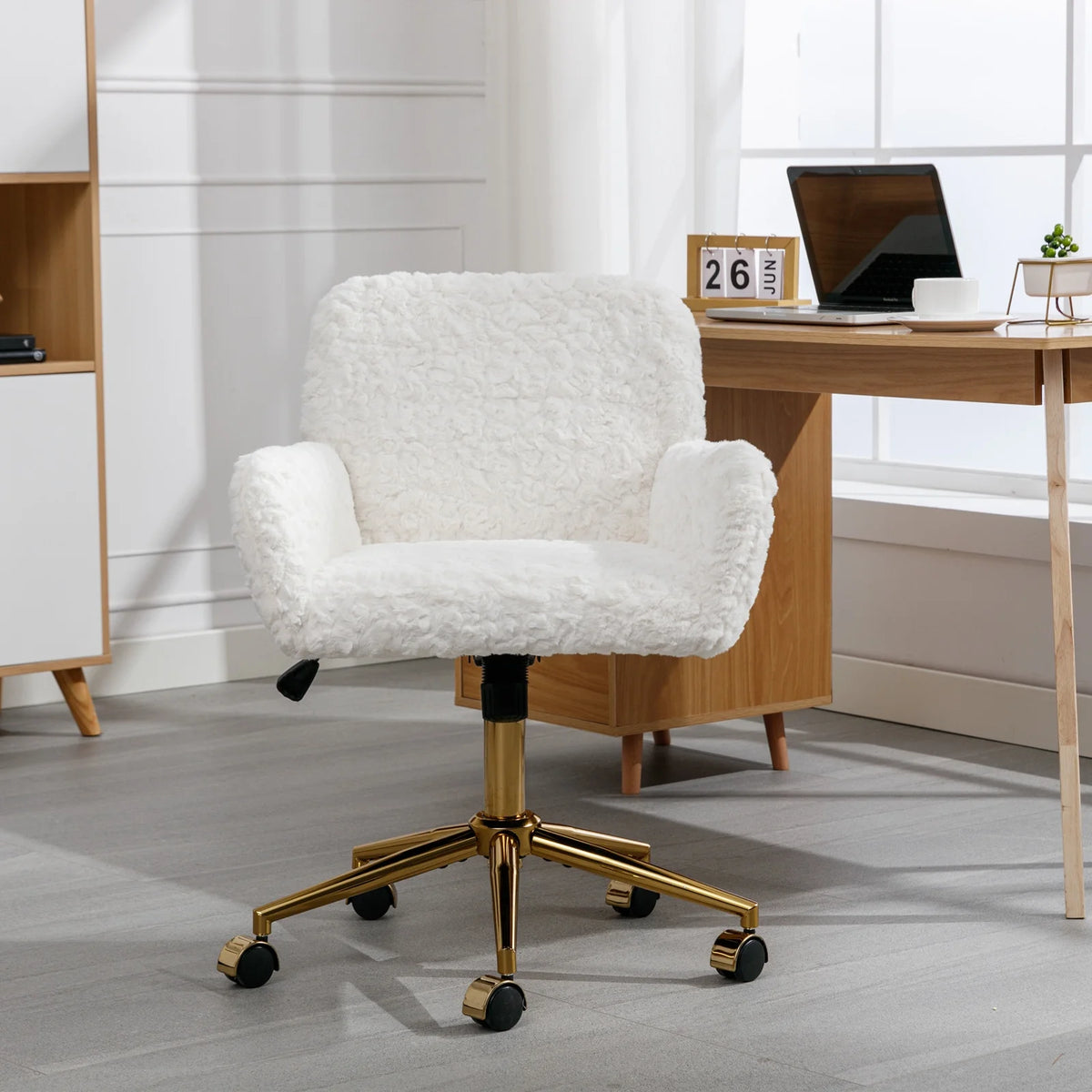 Beige Faux Rabbit Hair Office Chair with Adjustable Swivel V80608