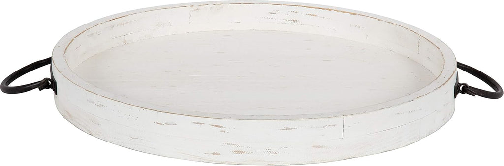 Round Wooden Decorative Tray with Black Metal Handles, Distressed Coastal White Finish, 18-inch Diameter T932890