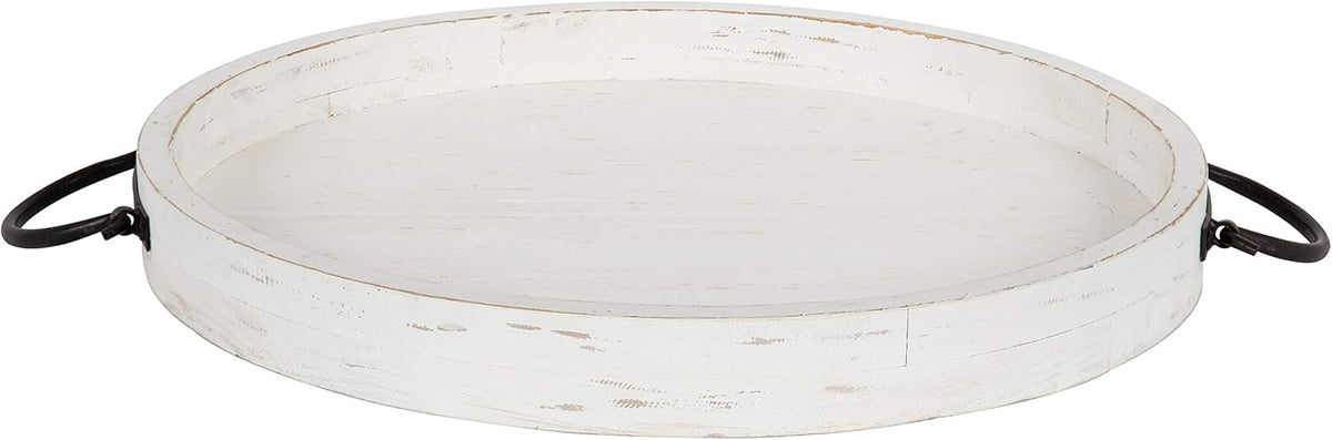 Round Wooden Decorative Tray with Black Metal Handles, Distressed Coastal White Finish, 18-inch Diameter T932890