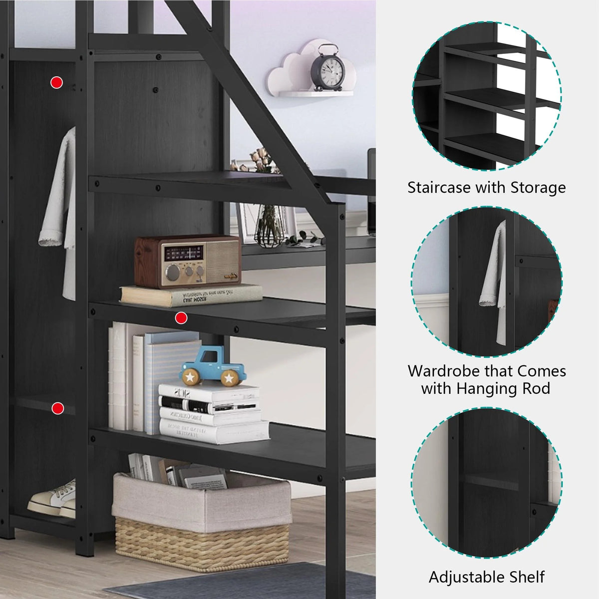 Black Full Size Metal Loft Bed with Desk and Stairs F758875