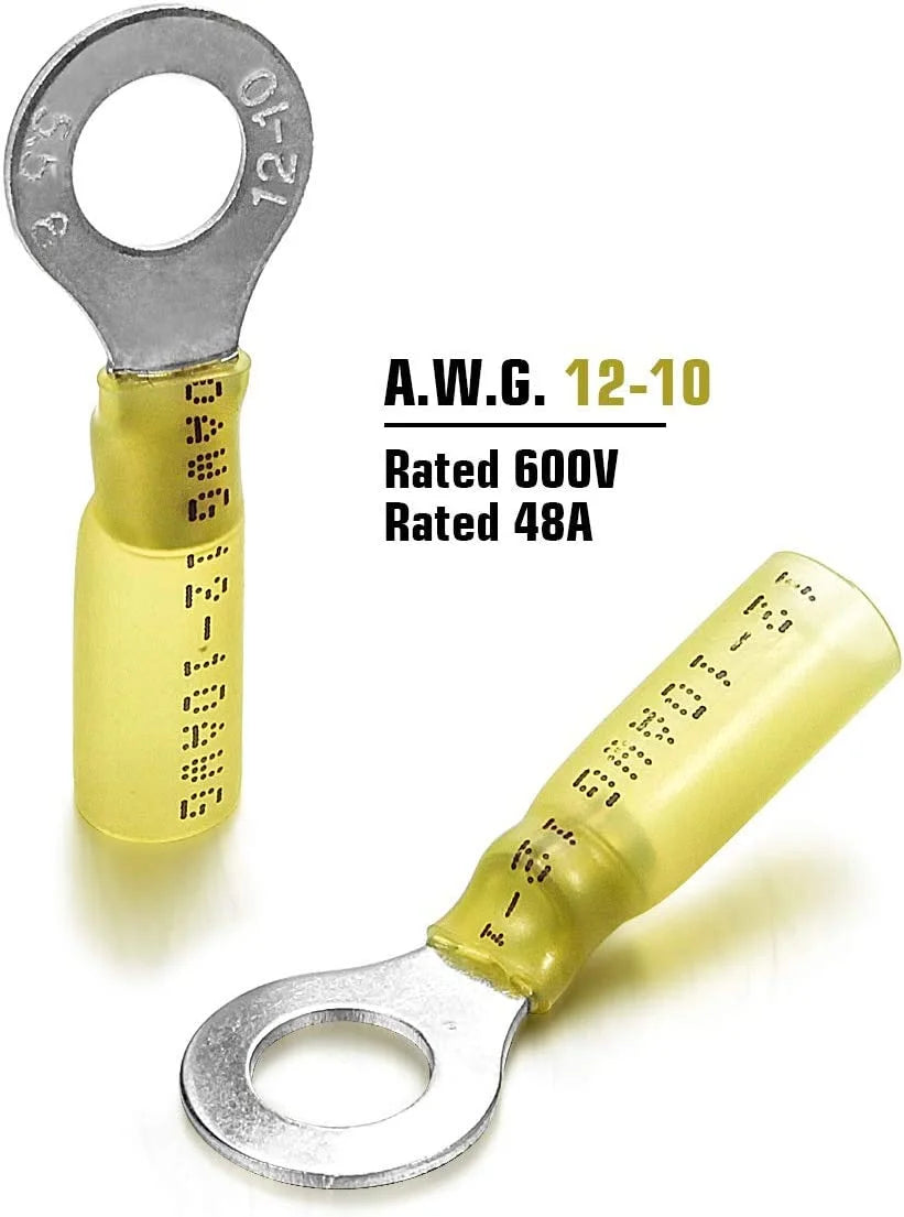 100PCS Heat Shrink Crimp Ring Connectors 5/16" Yellow 12-10 AWG I582