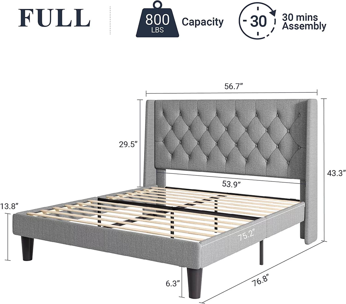 Queen Size Upholstered Platform Bed Frame with Wingback S668
