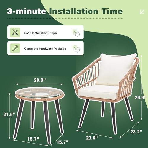 3 Piece Wicker Patio Bistro Set with Glass Top Table and Cushions R728378