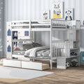 White Wooden Bunk Bed with Stairs and 6 Storage Drawers B391923