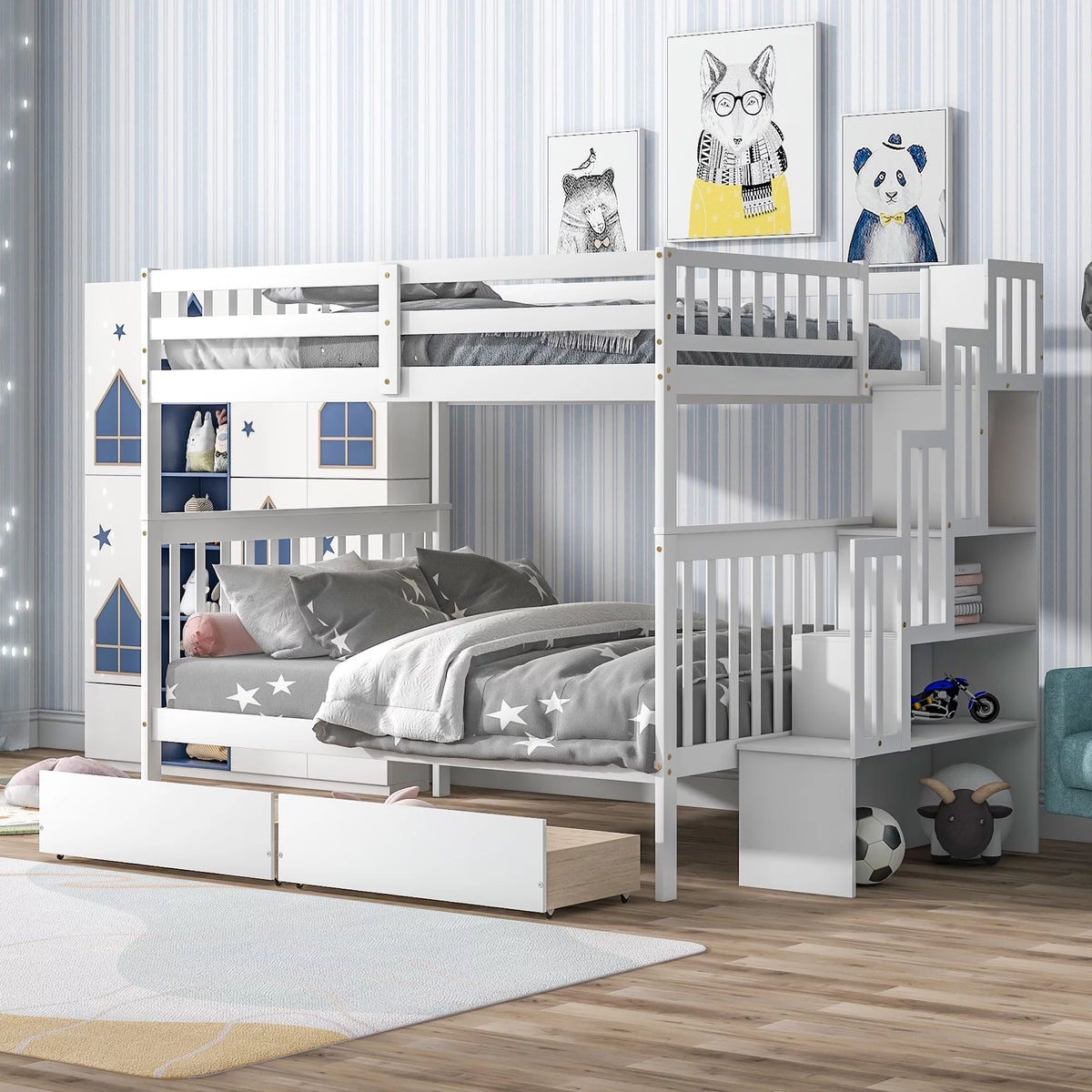 White Wooden Bunk Bed with Stairs and 6 Storage Drawers B391923