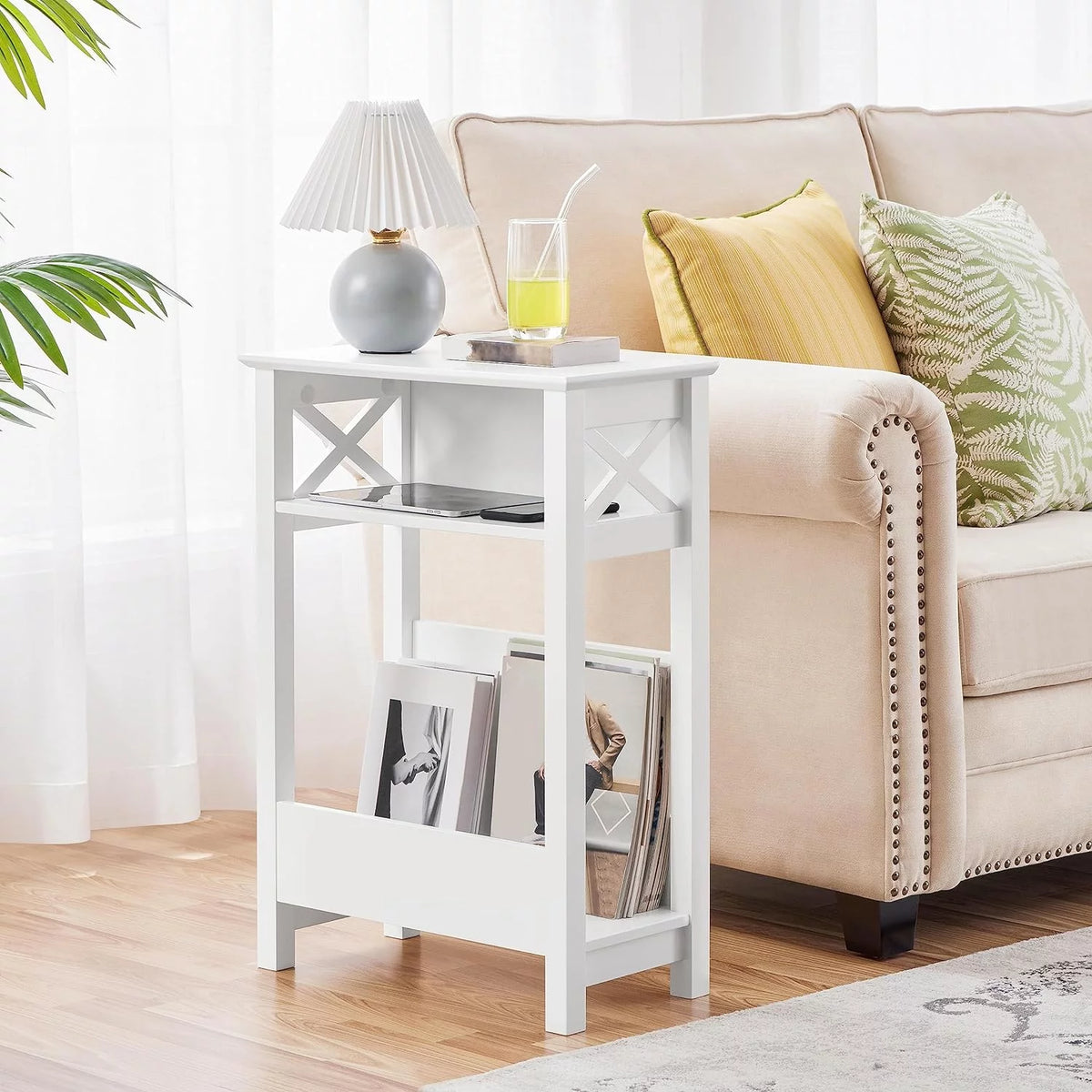 White 3-Tier Narrow Side Table with Magazine Holder S28174