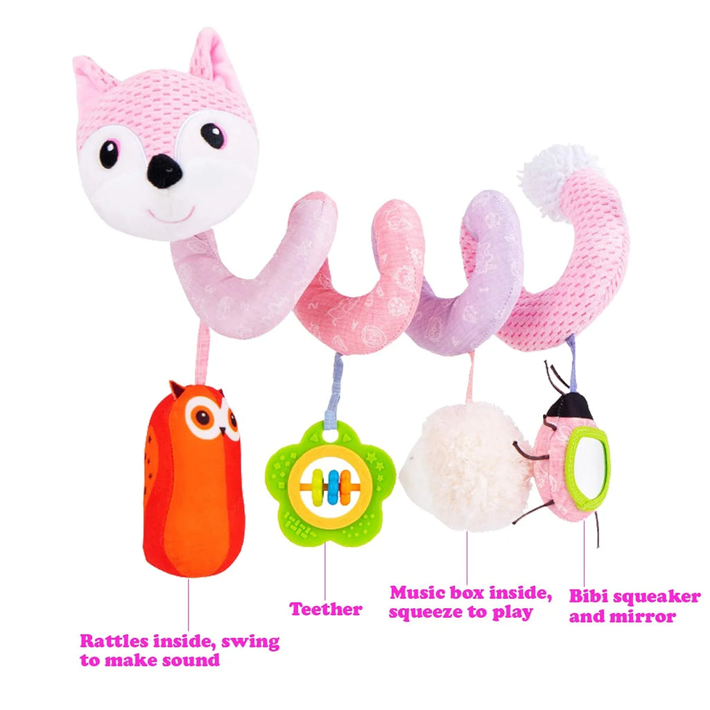 Pink Fox Plush Hanging Stroller Toys with Musical Sheep Rattles Owl Ladybird Distorting Mirror P196793