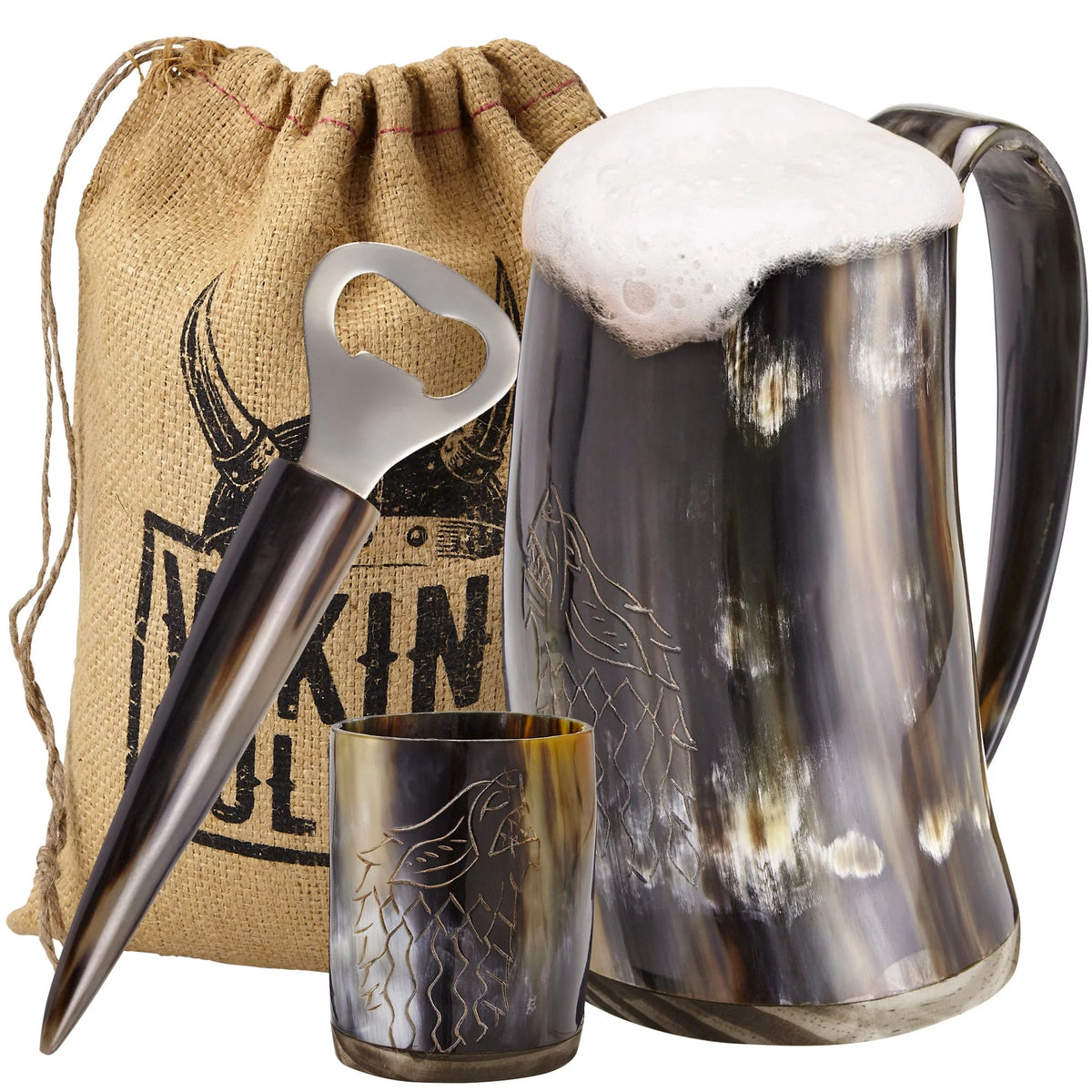 Ox Horn Mug, Shot Glass, and Bottle Opener 3 Piece Set 16-oz D437285