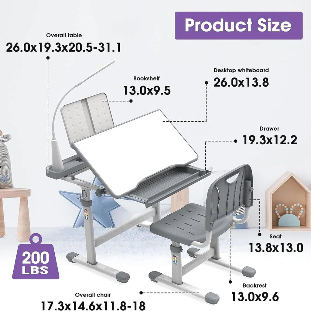 Kids Desk and Chair Set with Light, Height Adjustable Tiltable Desk A4136
