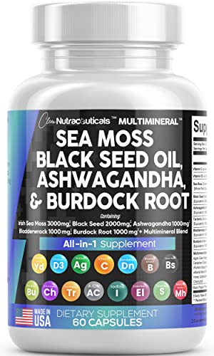 Sea Moss Black Seed Oil Ashwagandha Turmeric Bladderwrack Burdock Vitamin C Vitamin D3 with Elderberry Manuka Dandelion Yellow Dock Iodine Chlorophyll ACV V490080