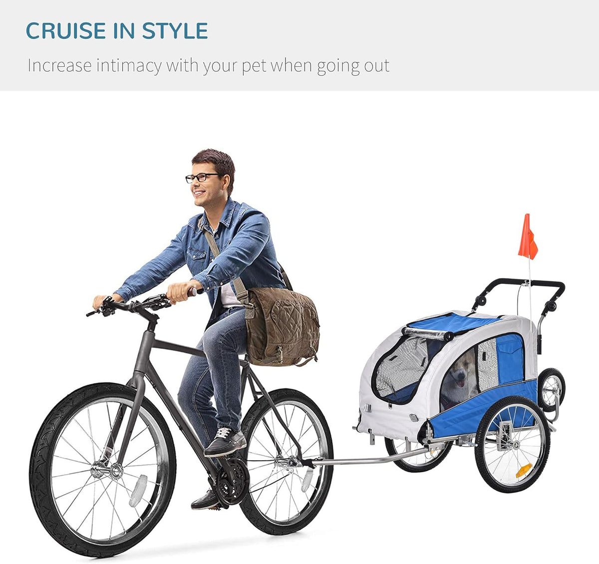 Blue Dog Bike Trailer Pet Stroller With Canopy And Storage Pockets J25034