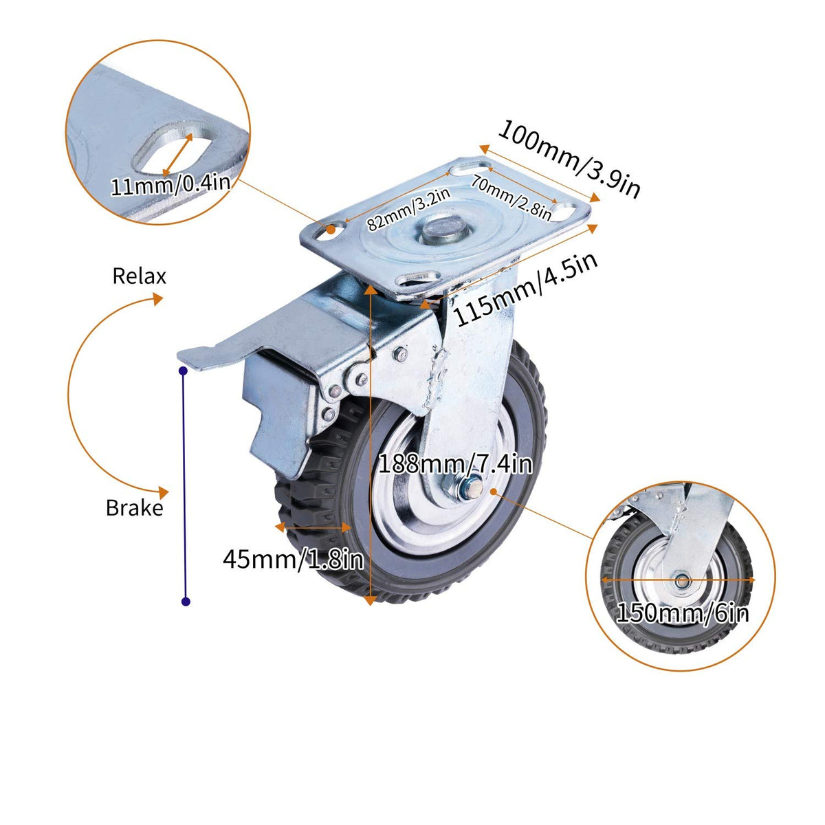 6 Inches Heavy Duty Rubber Swivel Casters Set of 4 (2 with Brakes & 2 Without) T929