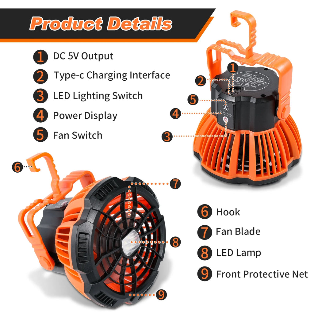 Rechargeable Camping Fan and LED Lantern with 270° Rotation and Built-In Hook P63136