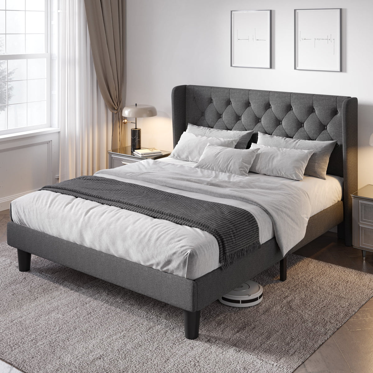 Queen Size Upholstered Platform Bed Frame with Wingback S668
