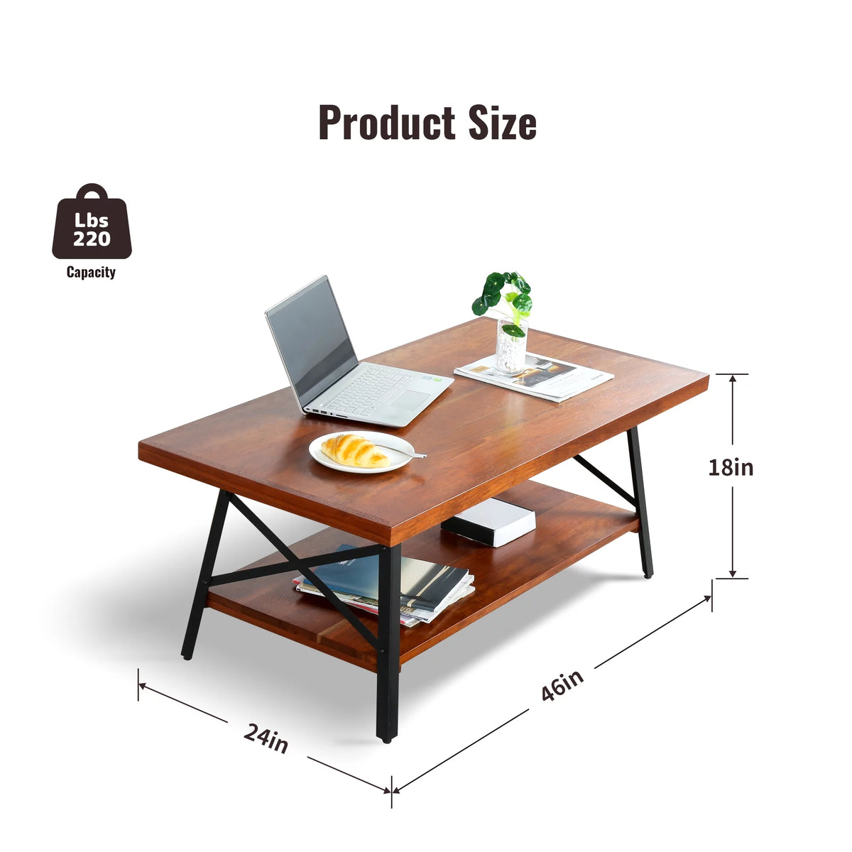 46" Rectangle Coffee Table with Solid Wood Top & Steel Legs L3100