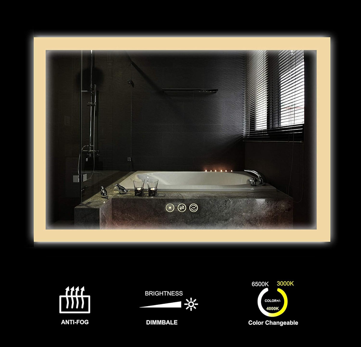 Wall Mounted LED Lighted Bathroom Mirror with Dimmer Touch Switch, Anti Fog, IP44 Waterproof, 3000K Warm White, 4000K Neutral White, 6500K Cool White, CRI>90, Vertical and Horizontal Installation E795