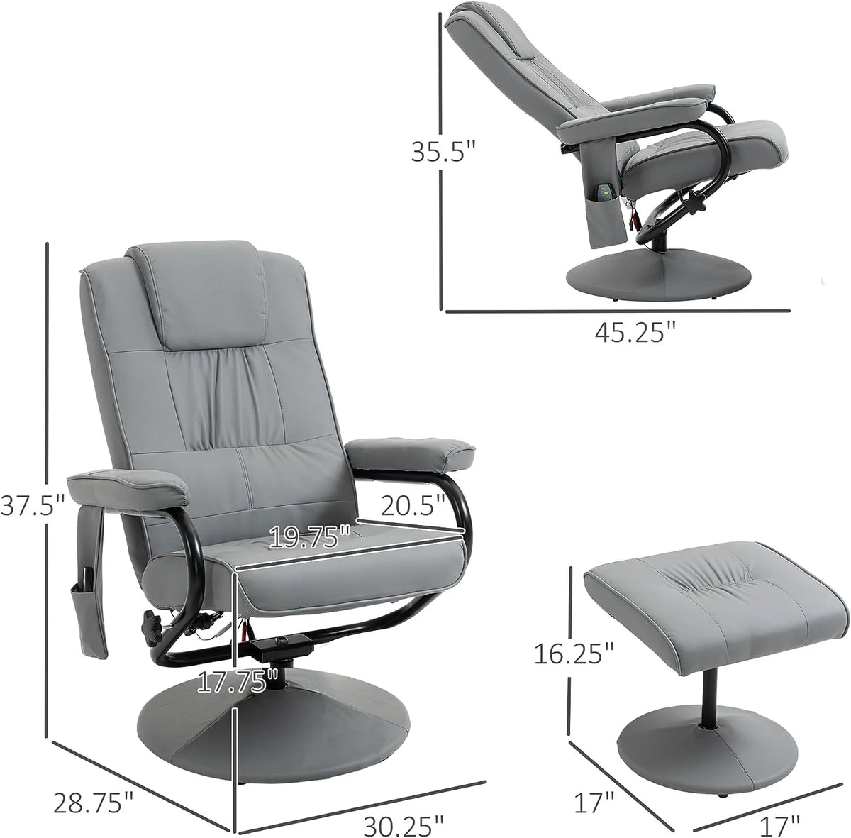 Gray Faux Leather Massaging Recliner Chair and Ottoman Set M6296