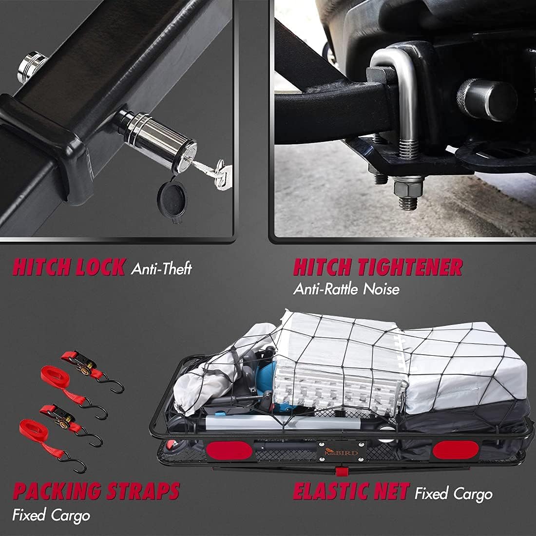 Hitch Mount Folding Cargo Carrier with Trailer Hitch Lock, Stabilizer, Net and Straps X853769