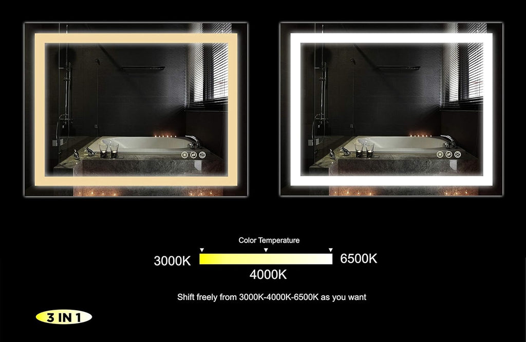 Wall Mounted LED Lighted Bathroom Mirror with Dimmer Touch Switch, Anti Fog, IP44 Waterproof, 3000K Warm White, 4000K Neutral White, 6500K Cool White, CRI>90, Vertical and Horizontal Installation E795