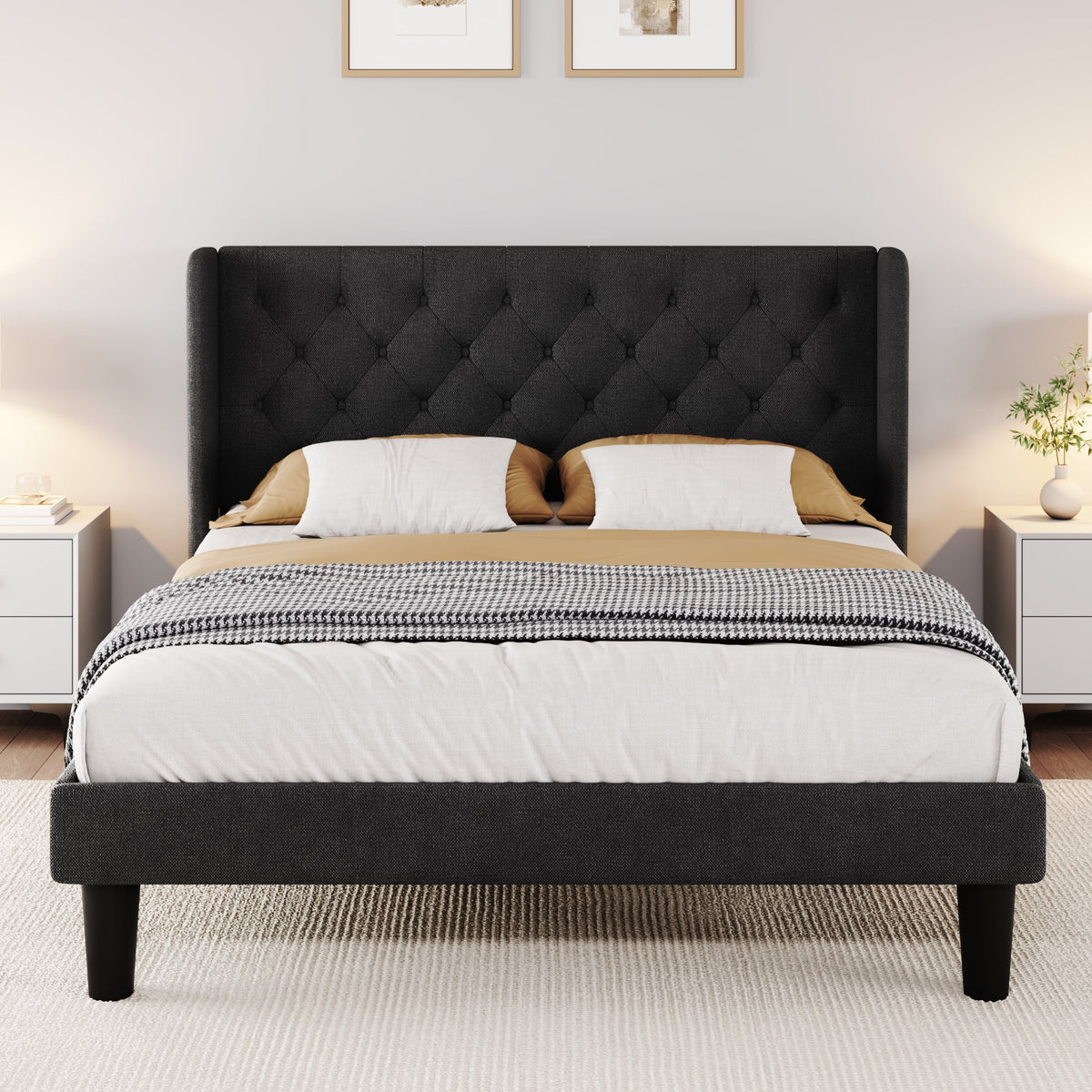 Queen Size Dark Grey Upholstered Platform Bed Frame Z6399