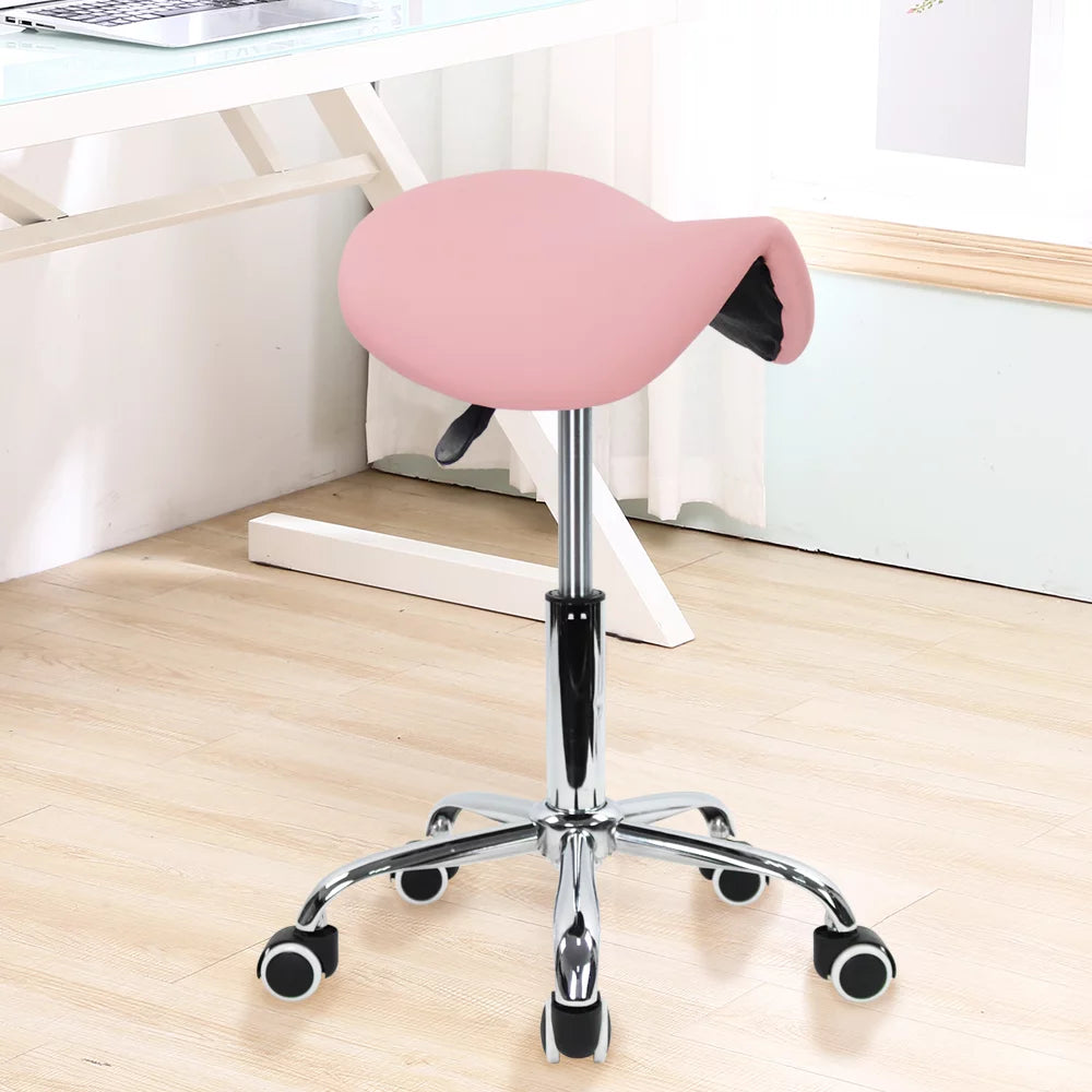 Pink PU Leather Adjustable Rolling Saddle Stool N4178