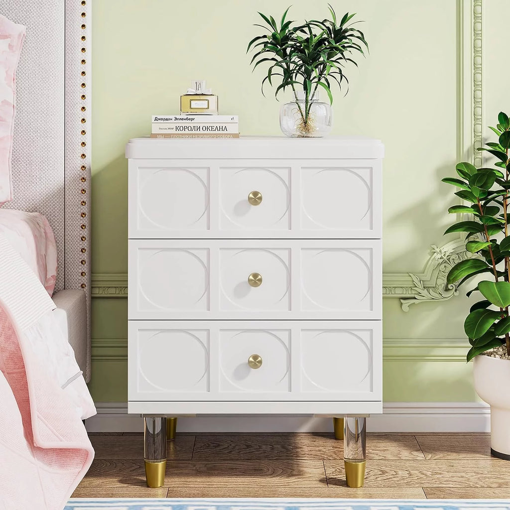 White and Gold 3-Drawer Nightstand R456