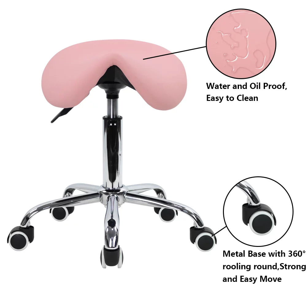 Pink PU Leather Adjustable Rolling Saddle Stool N4178