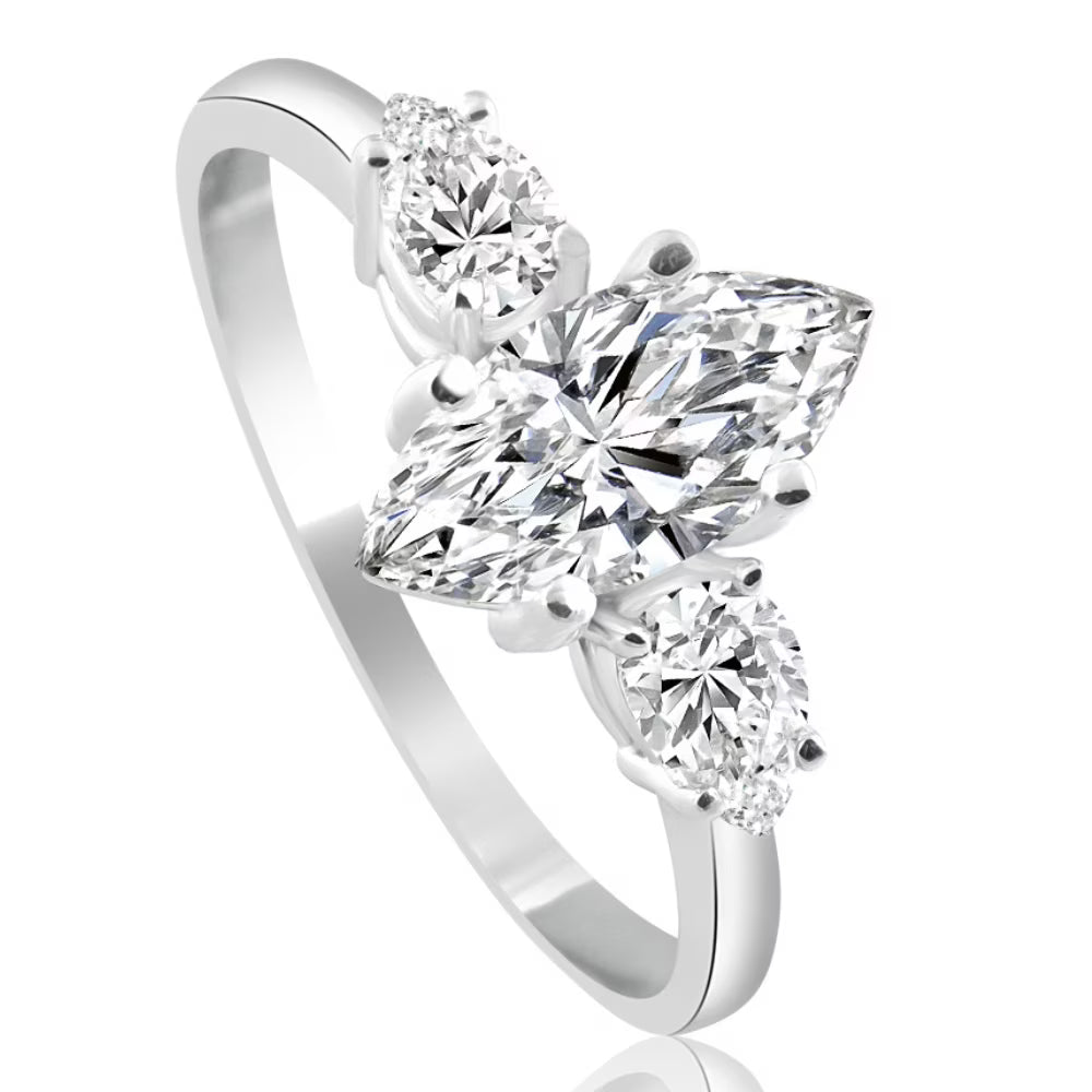 1 1/3Ct Marquise & Pear Shape Diamond 3 Stone Engagement Ring 14k Gold Lab Grown M600