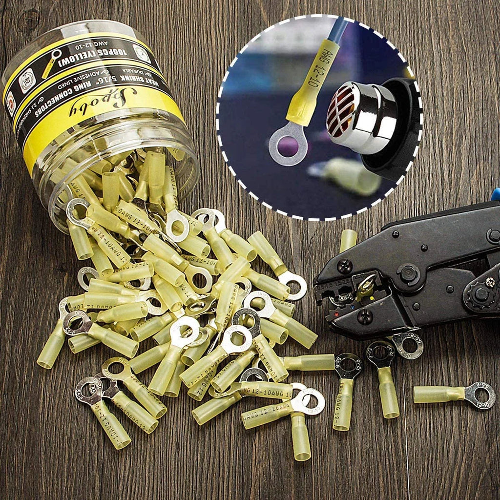 100PCS Heat Shrink Crimp Ring Connectors 5/16" Yellow 12-10 AWG I582