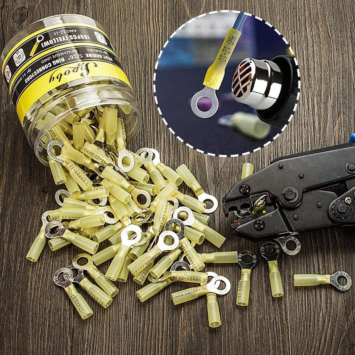 100PCS Heat Shrink Crimp Ring Connectors 5/16" Yellow 12-10 AWG I582