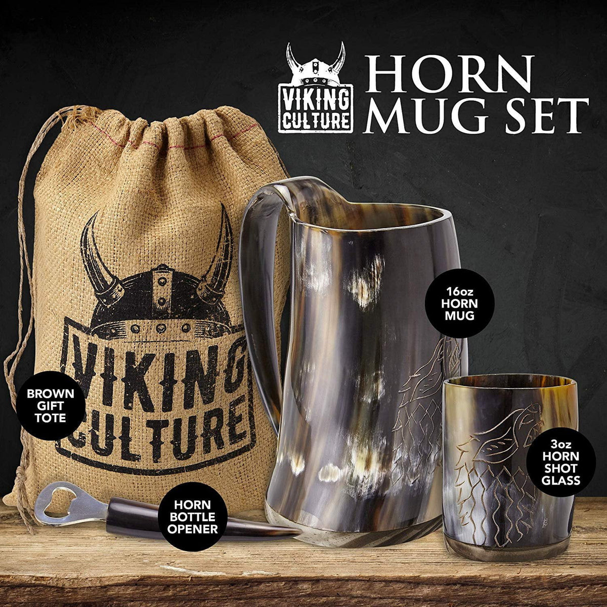 Ox Horn Mug, Shot Glass, and Bottle Opener 3 Piece Set 16-oz D437285