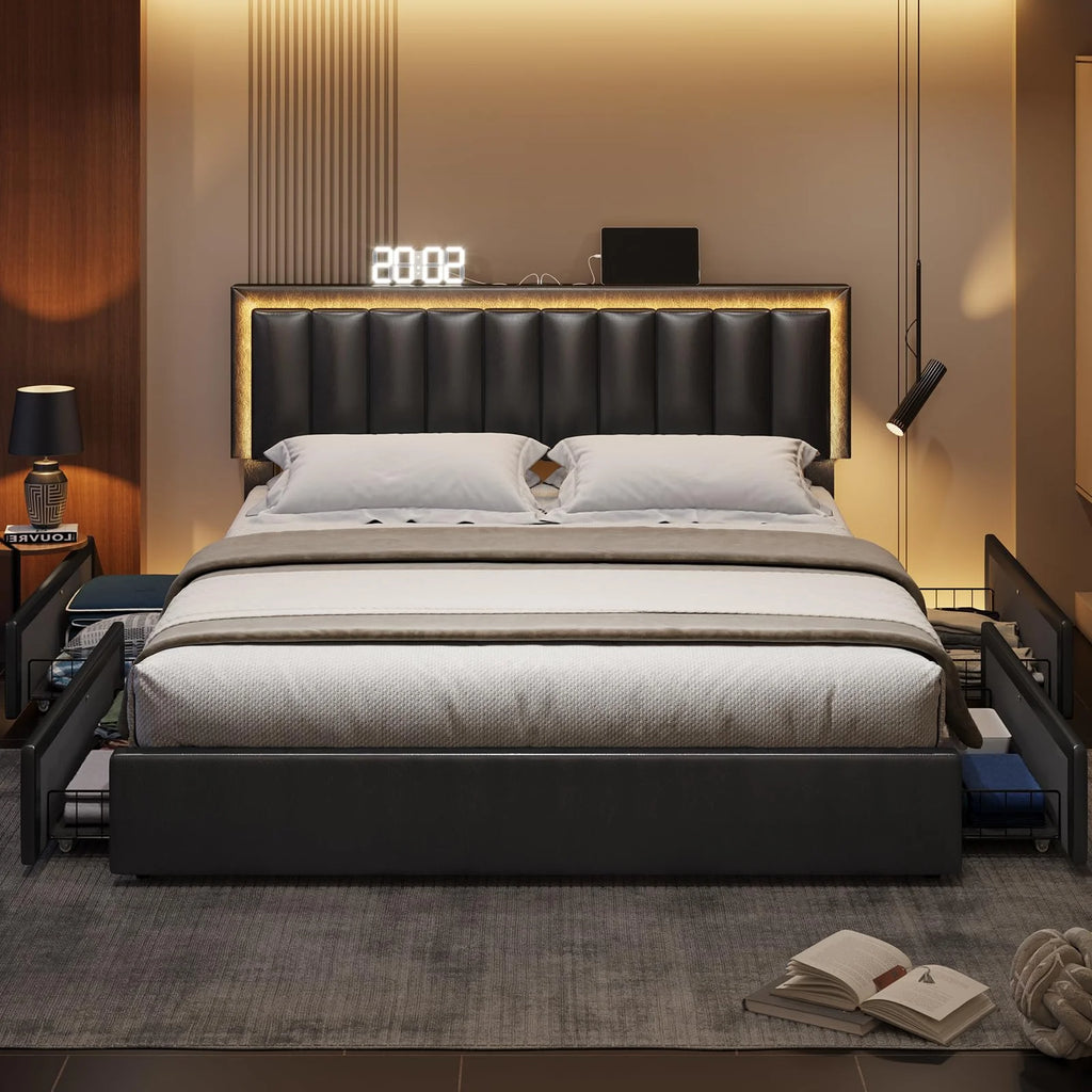 King Size Upholstered Platform Bed Frame with 4 Storage Drawers and Adjustable Headboard R321