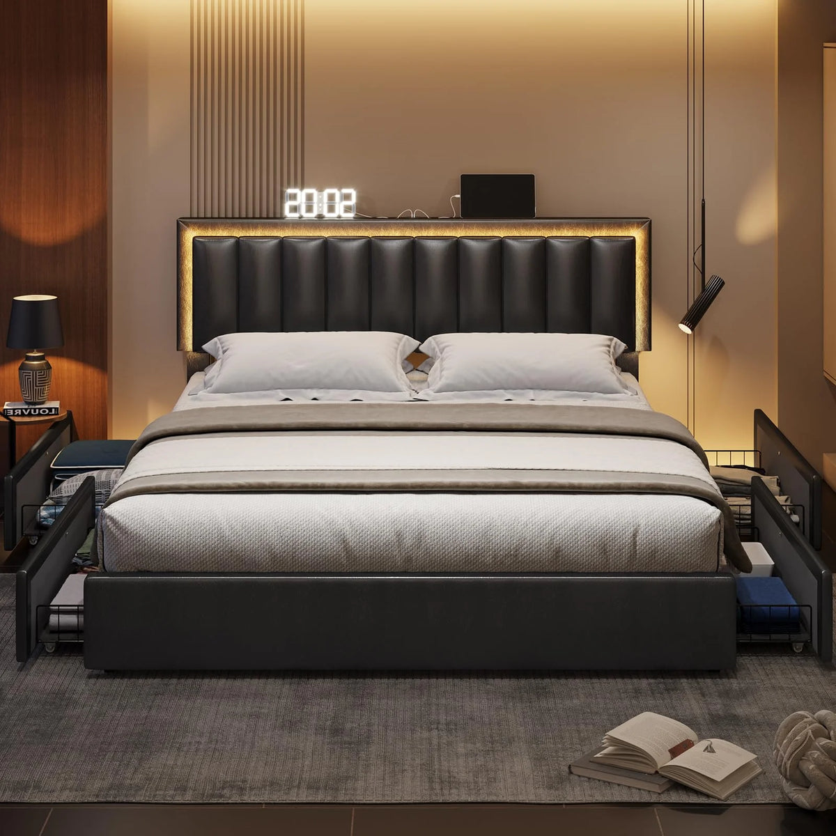 King Size Upholstered Platform Bed Frame with 4 Storage Drawers and Adjustable Headboard R321