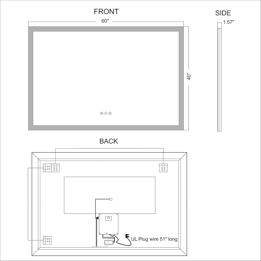 Wall Mounted LED Lighted Bathroom Mirror with Dimmer Touch Switch, Anti Fog, IP44 Waterproof, 3000K Warm White, 4000K Neutral White, 6500K Cool White, CRI>90, Vertical and Horizontal Installation E795
