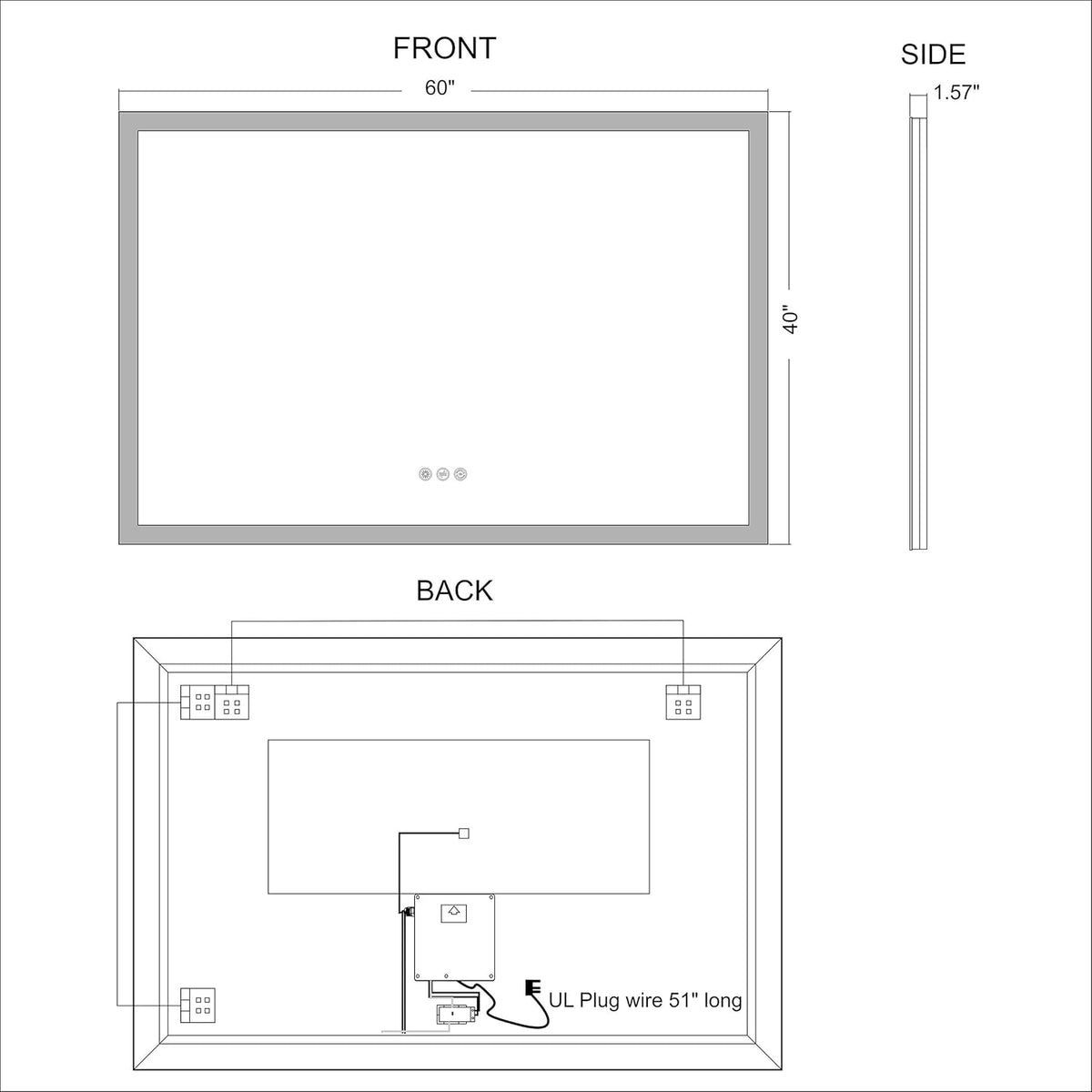 Wall Mounted LED Lighted Bathroom Mirror with Dimmer Touch Switch, Anti Fog, IP44 Waterproof, 3000K Warm White, 4000K Neutral White, 6500K Cool White, CRI>90, Vertical and Horizontal Installation E795