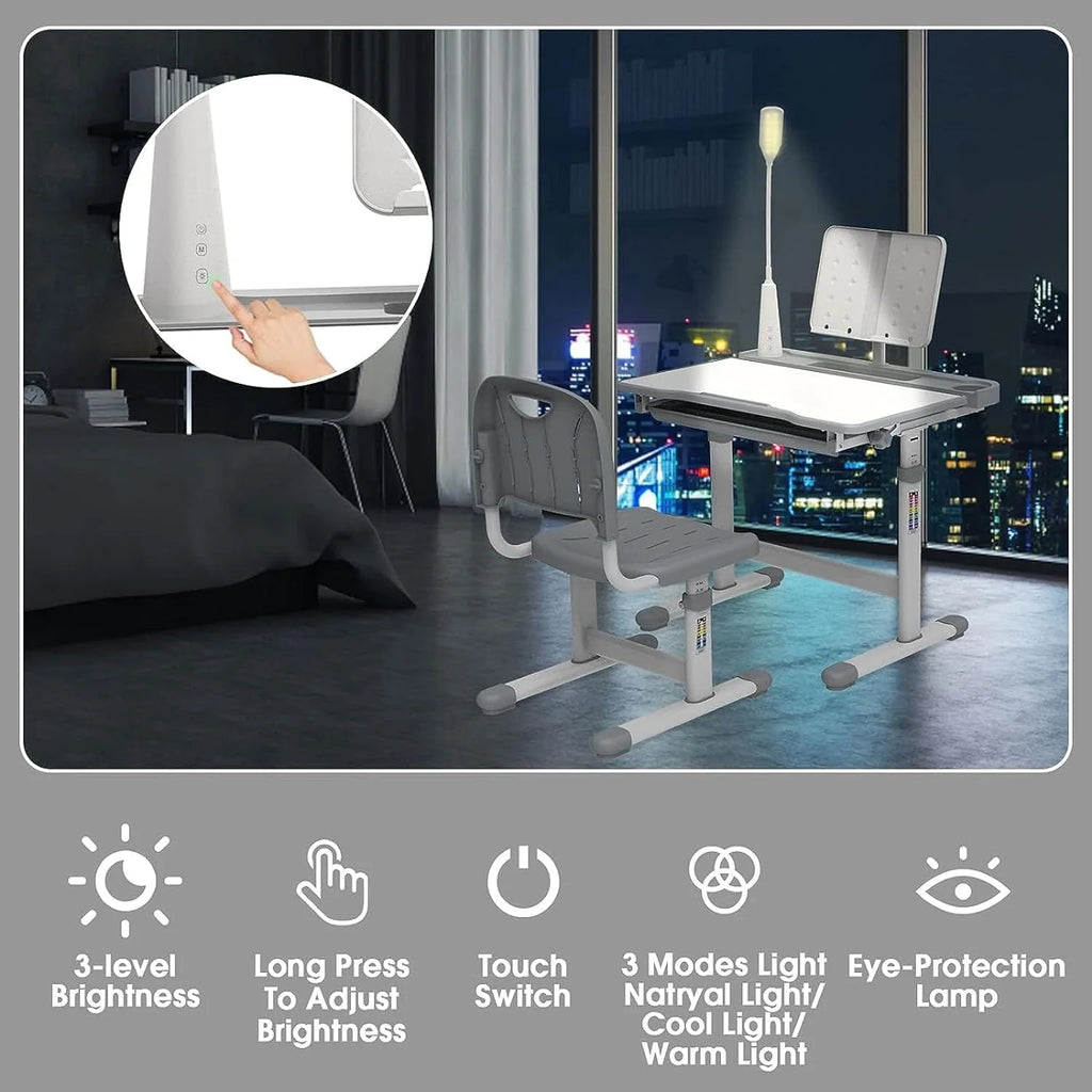 Kids Desk and Chair Set with Light, Height Adjustable Tiltable Desk A4136
