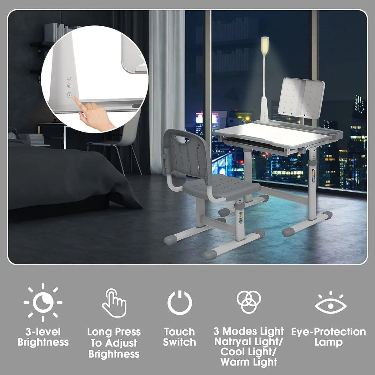Kids Desk and Chair Set with Light, Height Adjustable Tiltable Desk A4136