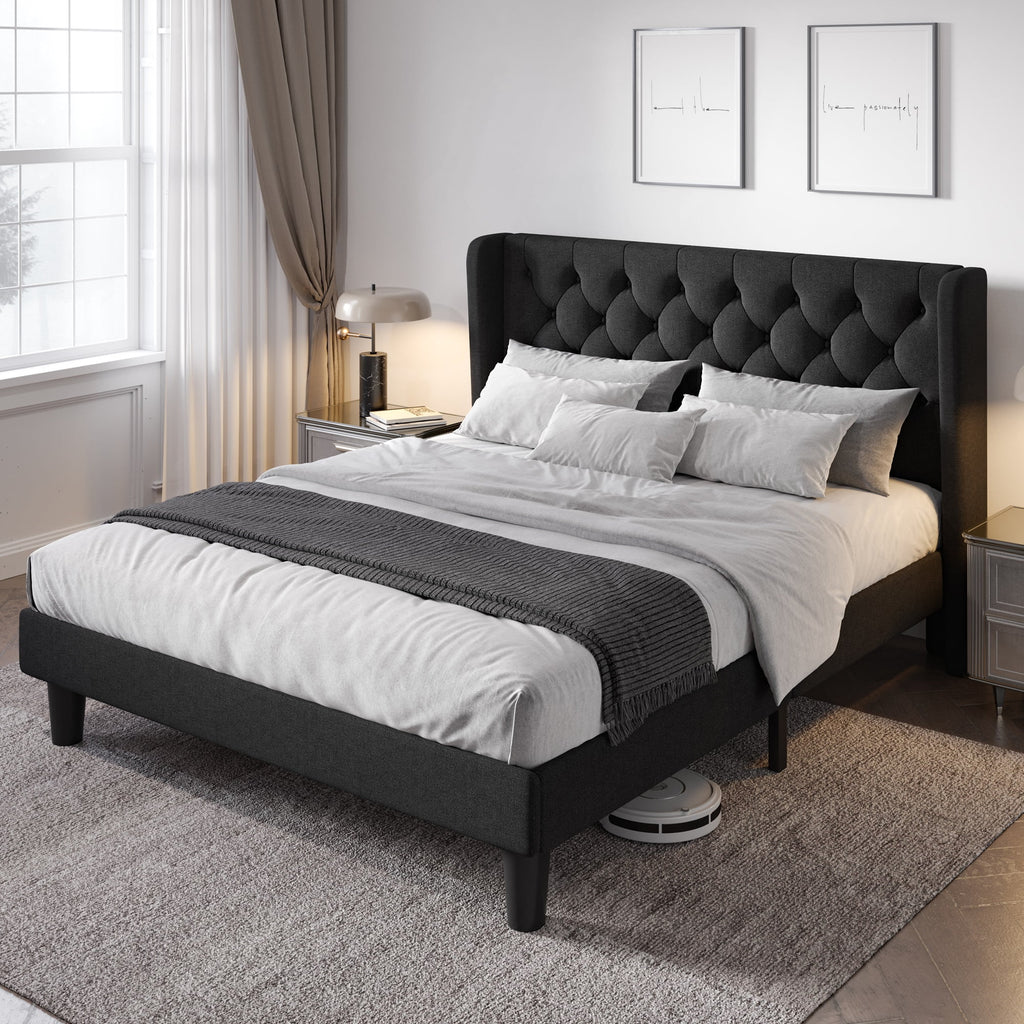 Queen Size Upholstered Platform Bed Frame with Wingback S668